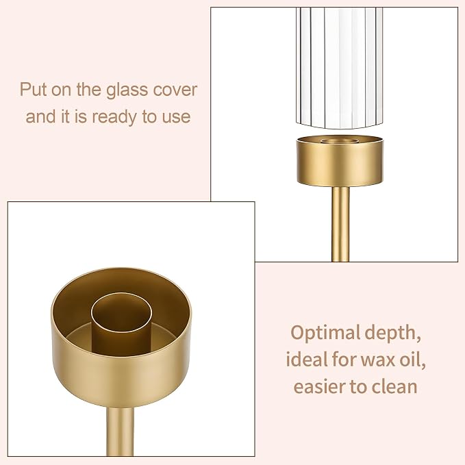 Garvee Gold Hurricane Candle Holders Set of 3, Taper Candlestick Holders with Ribbed Glass Cylinder Sleeves, Elegant Table Centerpiece for Wedding, Birthday, Christmas, Home Decor
