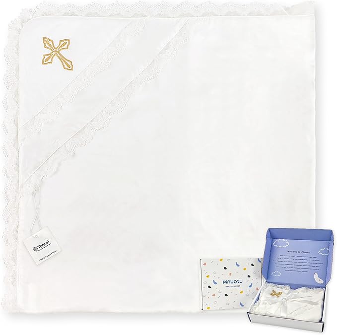 Tencel Baptism & Christening Baby Blanket – Soft Lyocell Heirloom Blanket with Delicate Lace Trim and Gold Cross Embroidery, 39.4×39.4 in, Elegant Religious Keepsake for Boys & Girls