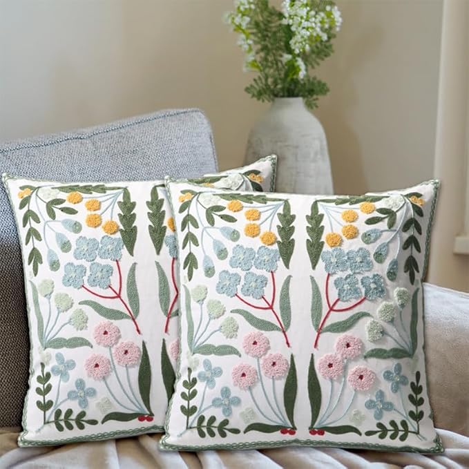 Pack of 2 Embroidered Decorative Throw Pillow Cover 18x18 Inch Farmhouse Floral Pillowcase for Living Room Sofa Bed (Blue Floral)