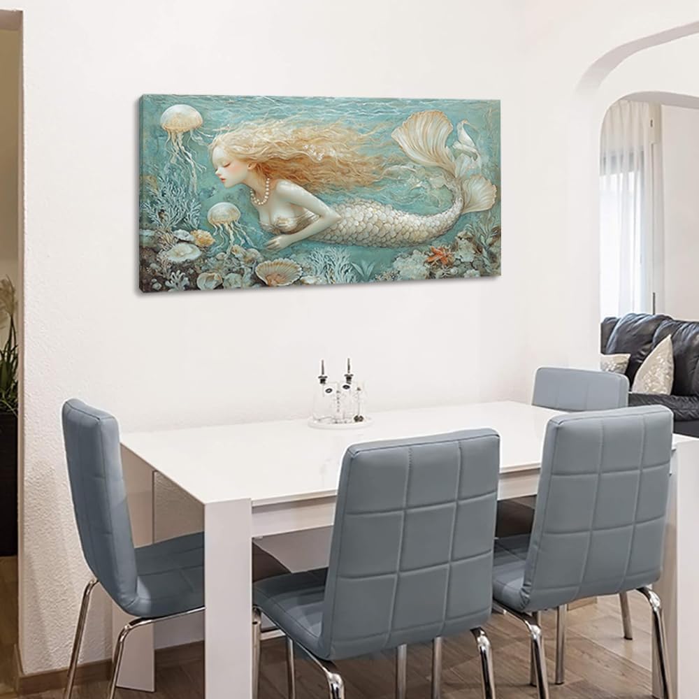 LASMOND Ocean Mermaid Wall Art for Girls Room Modern Canvas Prints Marine Organism Underwater World Sea Creatures Artwork Paintings Women Bedroom Wall Decor (40x20 Inches)