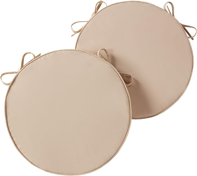 Set of 2 Outdoor 18 inch Round Patio Dining Chair Pads – Comfortable Fiber-Filled Seat Cushions with Ties, Reversible Polyester Fabric, Stone