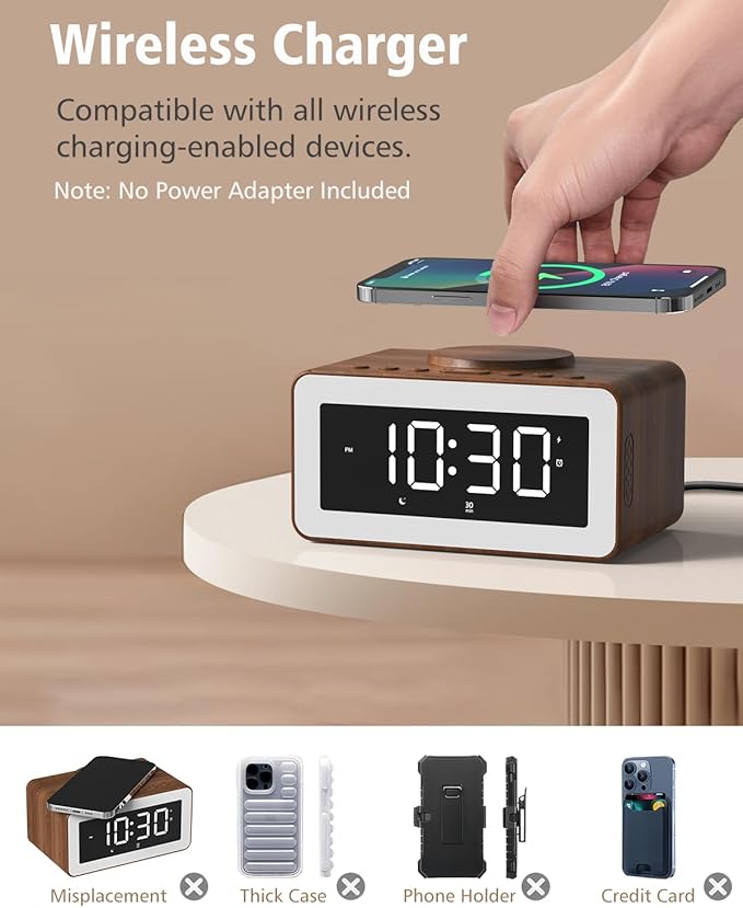 Digital Alarm Clocks for Bedrooms, Bluetooth Speaker, Alarm Clock with Wireless Charging, White/Brown Noise Sound Machine for Sleep with Night Light Wooden Vintage Decor Birthday Gifts for Men, Women