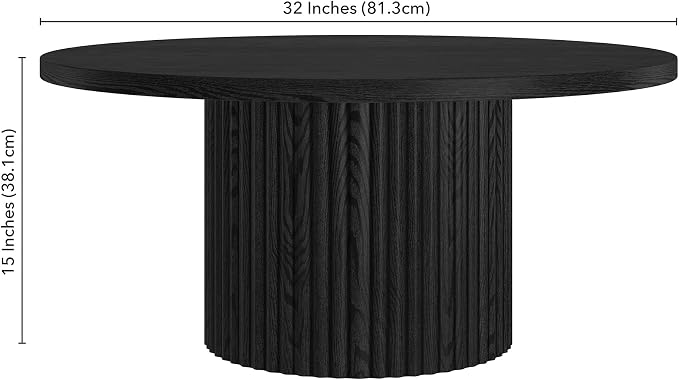 Henn&Hart 32" Fluted Round Wooden Pedestal Low-Profile Coffee Table with Ribbed Pedestal Base for Living Room, Family Room, Office, or Apartment, Natural Black