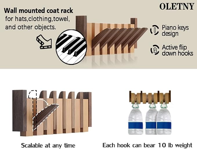 Coat Rack Wall Mount Wood, Wood Coat Rack Wall Mount with 6 Flip-Down Magnetic Hooks Piano Wall Coat Hanger for Entryway, Bathroom, Bedroom, Kitchen