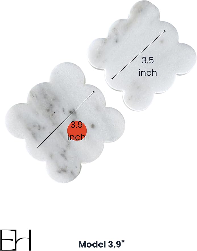 Marble Coasters Set of 4, Handcrafted Drink Protectors, Natural Stone Coaster Bar & Table Decor, Modern Desk Aesthetic Accessories, Non-Slip Luxury Gift (White Marble Square Scalloped)