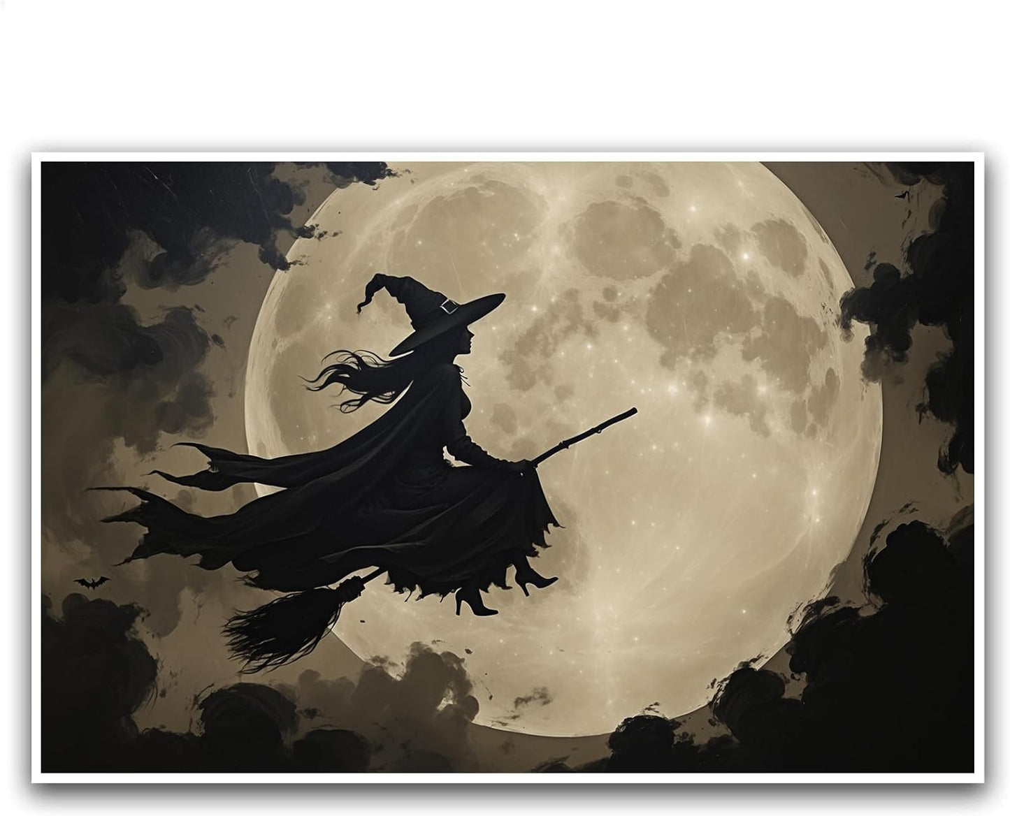 JFHCQJPK Full moon witch silhouette poster witch on magic broom Halloween mural poster decorative mural art suitable for home living room bedroom8x12in Frameless