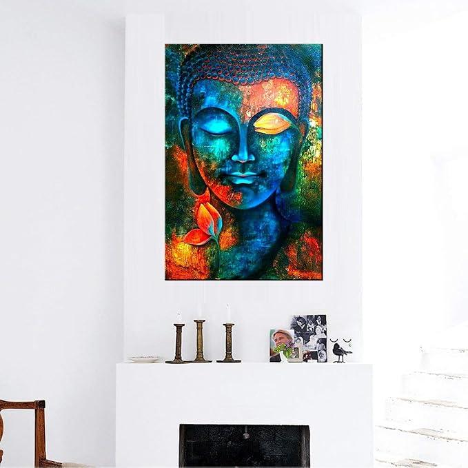 Zen Wall Art Colorful Buddha Wall Decor for Living Room Buddhism Pictures Painting Abstract Lotus Flower Canvas Prints Blue Religious Poster Artwork Bedroom Meditation Room Yoga Home Decoration 24x36"