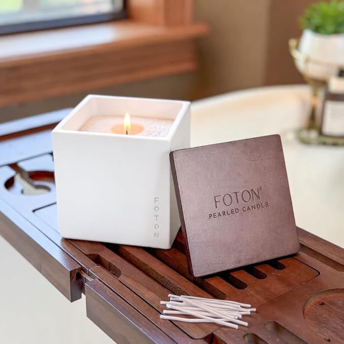 Foton Pearled Candle Le Cube Concrete Vase Set 16 Oz Square - Tailored Tux Scented - Refillable Jar Scented Candle Sand Wax with 15 Wicks - Natural Non-Toxic Decorative Candles for Home
