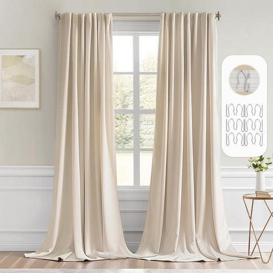 MIULEE Back Tab Cream Beige Curtains 102 Inch Long 2 Panels Set for Living Room Bedroom, Ivory Rod Pocket/Pinch Pleated Light Blocking Thermal Insulated Room Darkening Floor to Ceiling Blackout Drapes