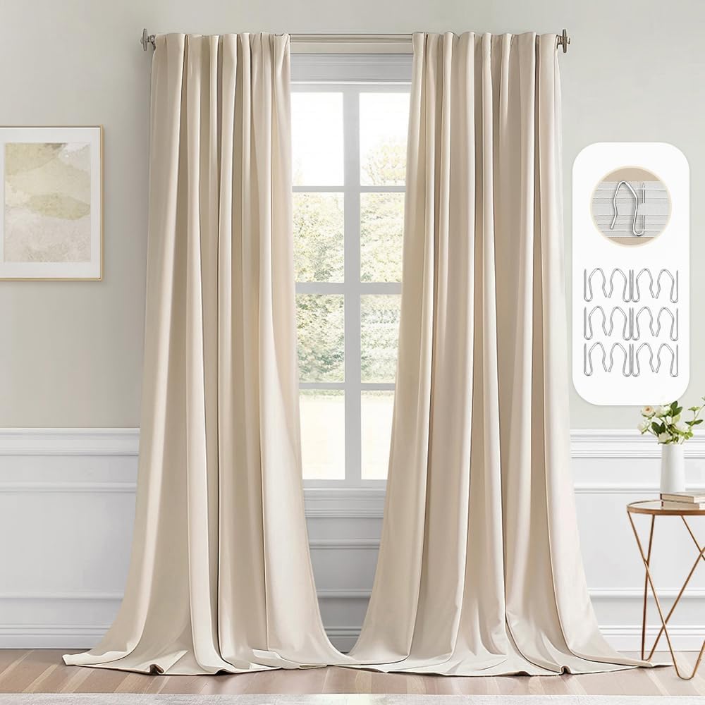 MIULEE Cream Beige Back Tab Light Blocking Curtains 95 Inch Length 2 Panels Set for Living Room Bedroom Privacy, Rod Pocket/Pinch Pleat Thermal Insulated Room Darkening Pleated Blackout Drapes