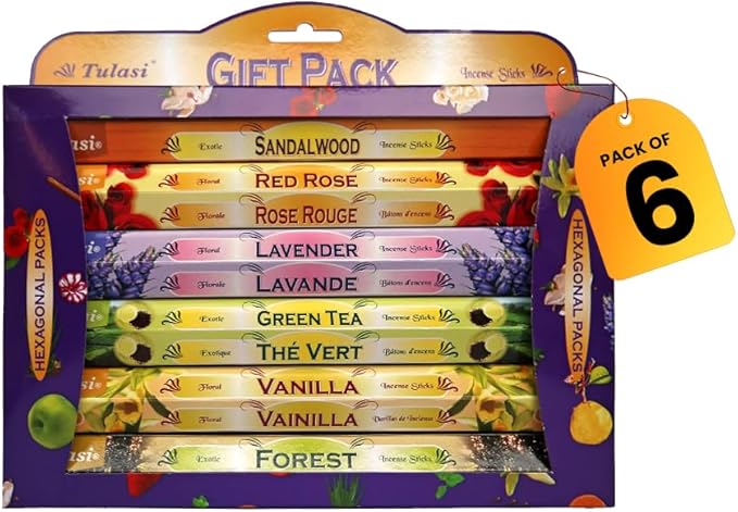 Tulasi Incense Sticks with Natural Oils Set of 6 Fragrances (120 Sticks) Hand Rolled Incense Sticks, Calming Home Aromatherapy, Meditation, Relaxing, Mixed Scents with Natural Oils