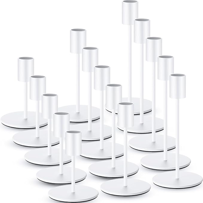 Sieral Candle Holders Bulk Taper Candlesticks Holders Set Modern Decorative Metal Candelabras for Wedding Anniversary Home Dinning Table Centerpiece Xmas Party Decor(Matte White,15 Pcs)