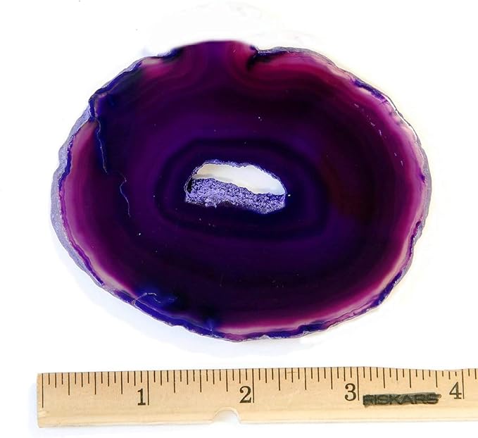 JIC Gem 3.5-4" Dyed Purple Agate Coaster Natural Sliced Geode Agate Stone Coasters for Small Cup Polished with Rubber Bumper Set of 4 Home Decoration