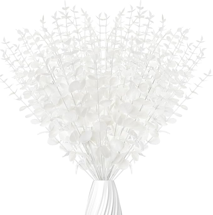 Canlierr 50 Pcs Eucalyptus Stems Faux Greenery Artificial Eucalyptus Leaves Decor Greenery Stems Branch for Wedding Centerpiece Flower Bouquet Farmhouse Home (White)