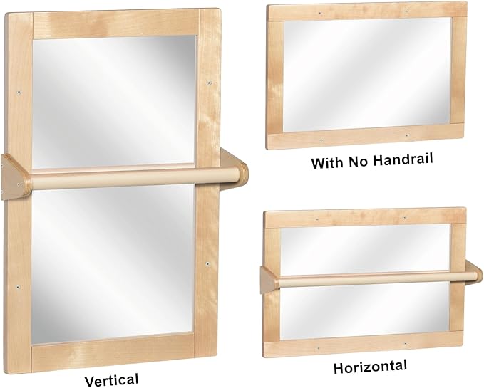 Baby Montessori Wooden Frame Non-Shatter Safety Mirror w/ 2 Pull Up Bars, Infant Coordination Small Mirror for 6-18 Months (Natural)