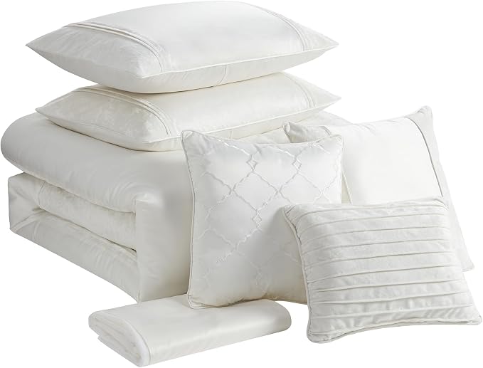 Queen Comforter Set 7 Piece - Ultra-Soft Comforter, 2 Shams, Elegant Bed Skirt, & 3 Decorative Throw Pillows - Luxurious Crushed Velvet Premium Bedding Ensemble for Sophisticated Bedroom Decor, Ivory