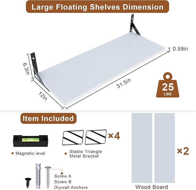 Large Wall Shelves, 31.5" W x 12" D Long Floating Shelves Set of 2, Wide Display Wood Shelf Wall Mounted with Heavy-Duty Metal Brackets for Bedroom Books, Living Room, Kitchen, White