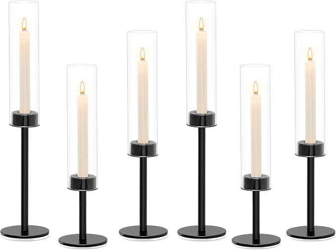 Black Hurricane Glass Candle Holders Set of 6 Tall Taper Candlestick Holder | Metal Candle Stick Holders, for Dining Dinner, Weddings, Christmas Fireplac Decorations, Table Centerpieces Decor