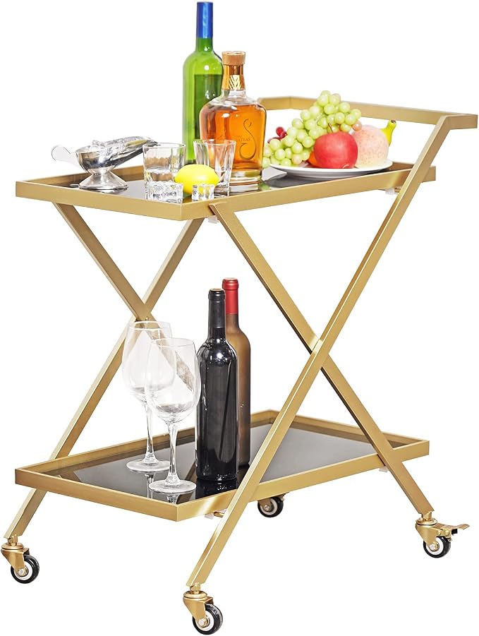 Crofy Gold Finish Bar Cart on Wheels, No-Tool Assembly 2-Tier Serving Cart with Black Tempered Glass Shelves & Locking Casters - Mobile Snack/Drink Cart for Home Bar, Kitchen, Parties