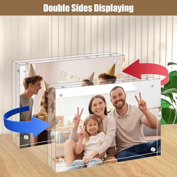 Egofine 3.5x5 Acrylic Frames 2 Pack, 20mm Thicker Frameless Clear Picture Frames, Double Sided Magnetic Picture Frames, Free Standing Desktop Display