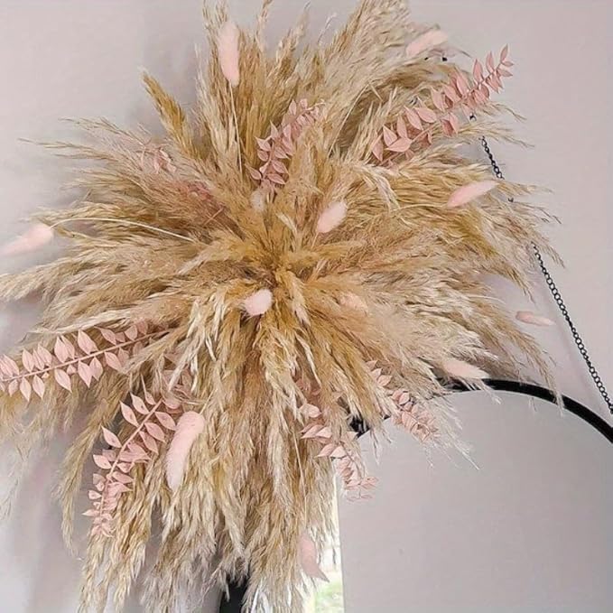 Natural Dried Flower Wall Hanging, 35 Inch DIY Boho Pampas Grass with Pink Bunny Tails and Palm Leaves for Wedding Arch and Wall Decor