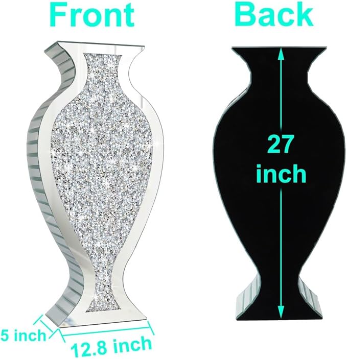 Allartonly Tall Floor Vase S Crushed Diamond Mirrored Vase 27” Tall, Crystal Silver Glass Decorative Mirror Large Vase Luxury for Home Decor Flower Arrangement Can’t Hold Water.