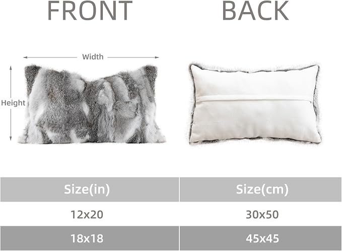 Genuine Rabbit Fur Pillow Covers Set of 2, Luxury Decorative Throw Pillowcases Fluffy Animal Skin Accents Bolster Cushion Cover for Couch Sofa Bedroom Living Room Home,12x20inch, Grey