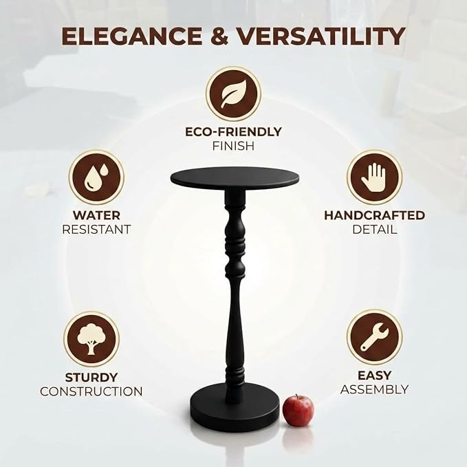 Relso Stambha Solid Wood Drink Table - 24" Tall Round Accent Side Table, Handcrafted Black Finish, Mango Wood, Perfect for Living Room, Bedroom or Indoor Plant Stand, 12" Compact Top