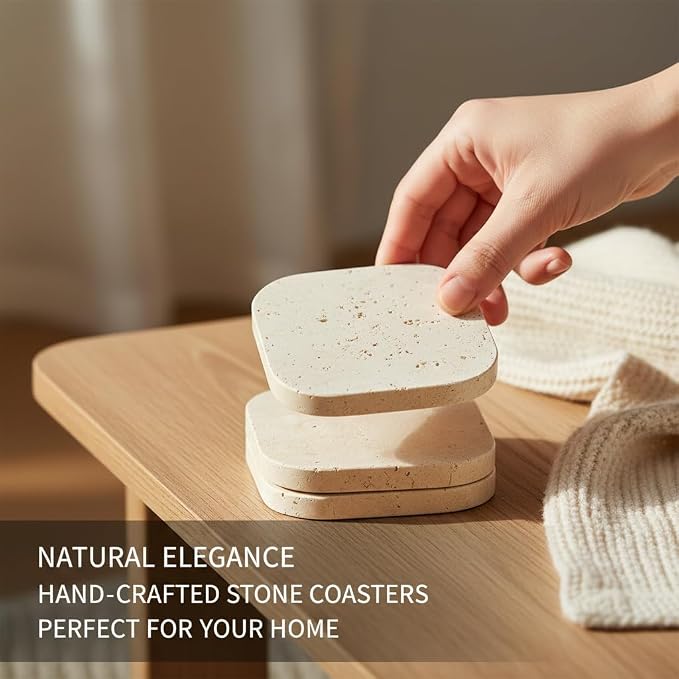 Natural Travertine Marble Coasters Set of 4-4" Square Stone Drink Coasters, Non-Slip Cork Backing, Housewarming Gift, Wedding, Protect Tables from Stains & Scratches (Rounded Square)