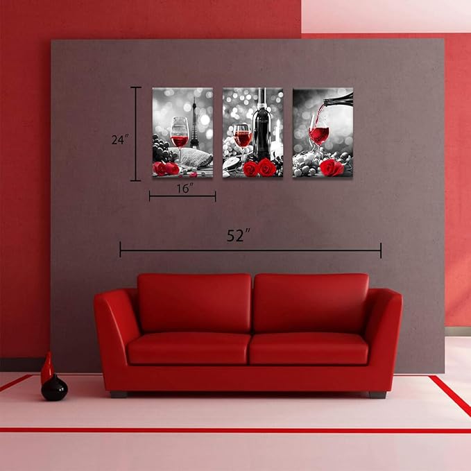 Wine Decor Kitchen Canvas Art Red Wine Rose Artwork for Home Walls Black and White With Red Wine Painting Printed Rose Art Dining Room Decor Red Kitchen Pictures Wall Decor Stretched 16x24inchx3