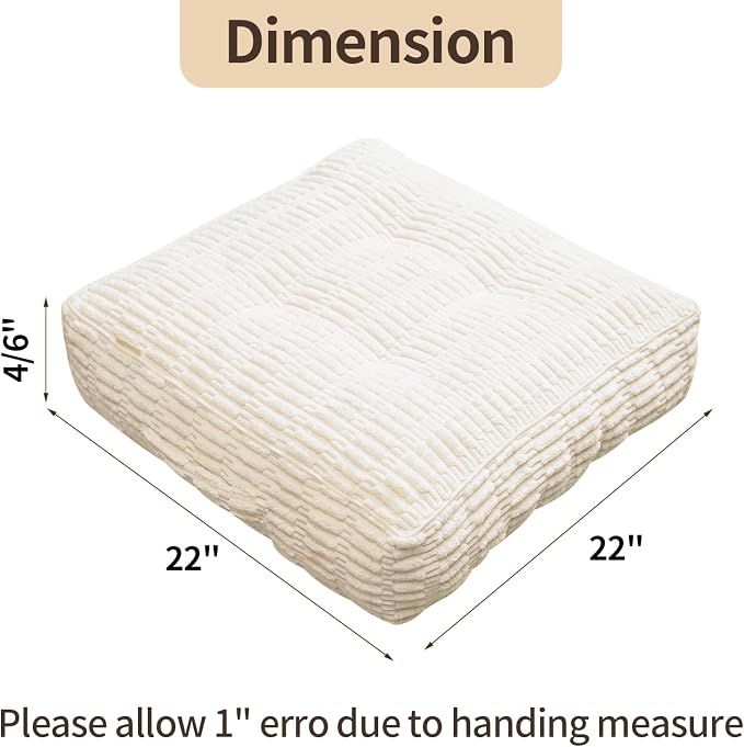 Floor Cushions, Corduroy Floor Pillow, Floors Pillows for Adults & Pets, Large Floors Pouf, Square Floored Pillows for Sitting & Yoga(2PC, Beige White，22"×22"×5.9")
