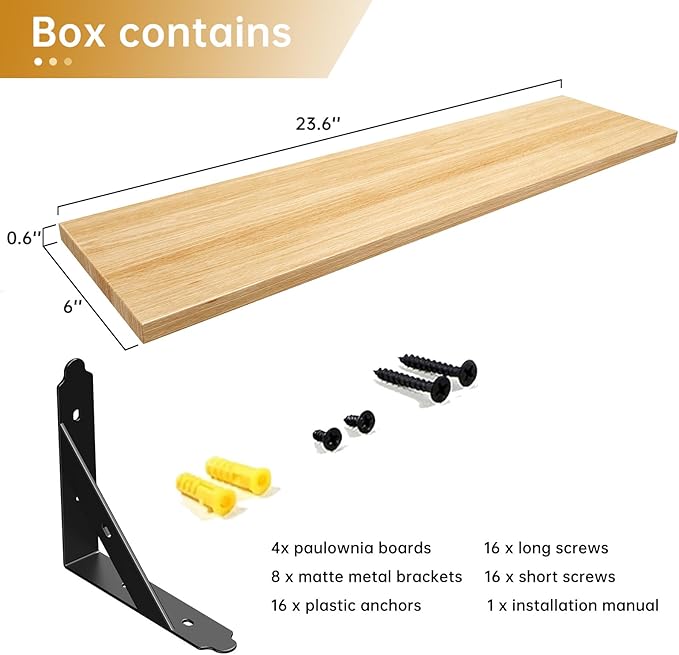 ROMGUAR CRAFT Wood Floating Shelves Set of 4, Rustic Storage Decor Wall Shelves, Wall Mounted Shelf for Living Room, Bedroom 23.6" x 6", Natural