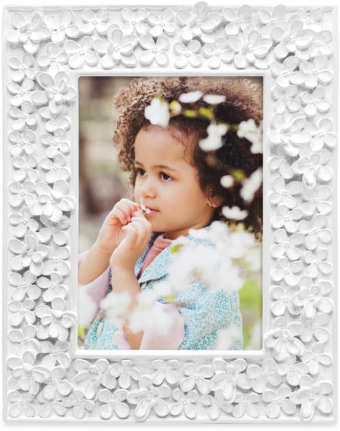 Isaac Jacobs 4x6 White Flower Textured Hand-Crafted Resin Picture Frame w/Easel & Hook for Tabletop & Wall Display, Decorative Floral Design Home Décor, Photo Gallery, Art (4x6, White)