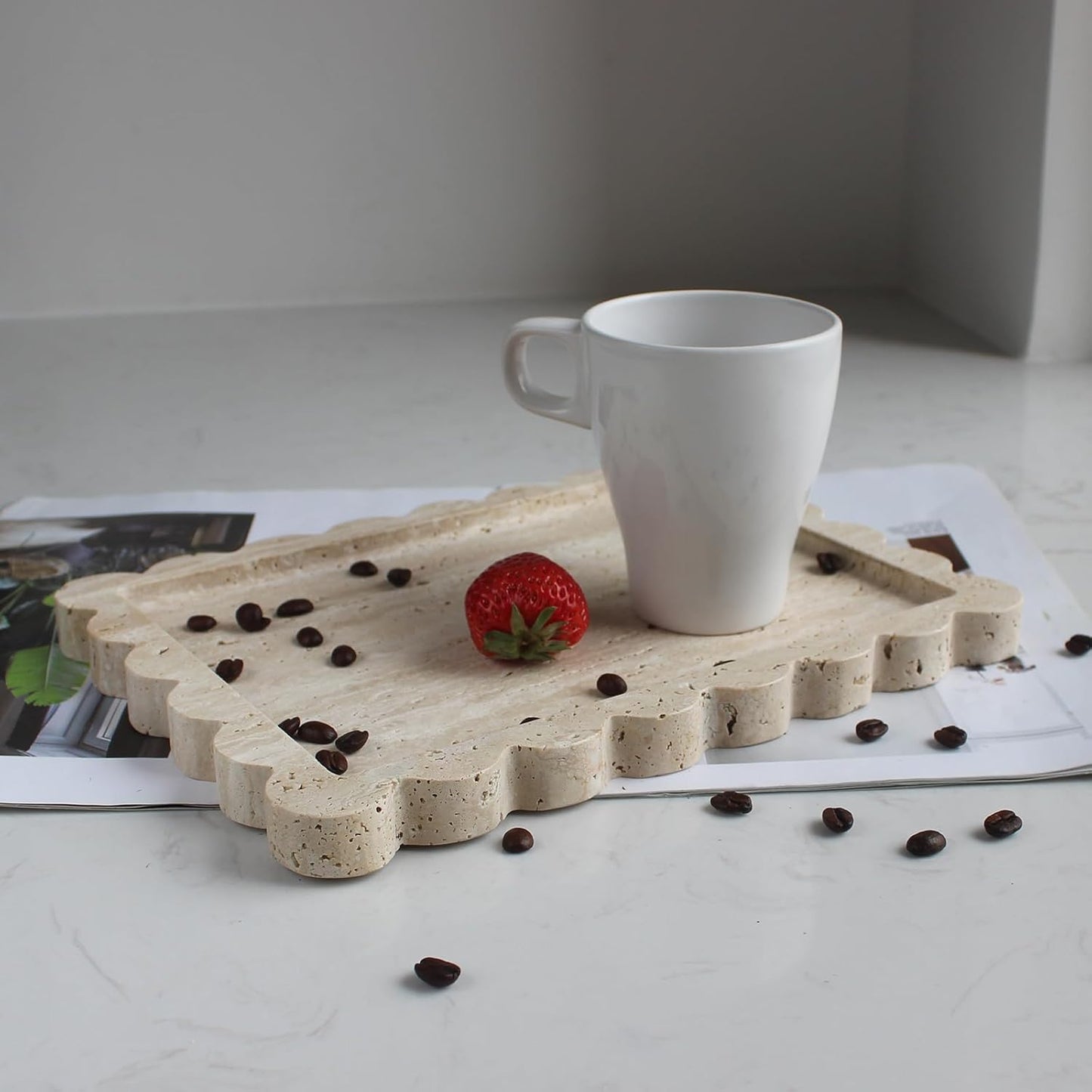 Natural Luxury Scalloped Marble Tray 10.8"x8", Rectangle Vanity Tray for Bathroom Kitchen Counter, Decorative Tray for Dresser Home Decor (Beige Travertine)