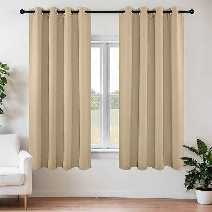 Joydeco Blackout Curtains 63 Inch Length 2 Panels Set, Thermal Insulated Long Curtains& Drapes 2 Burg, Room Darkening Grommet Drapes for Living Room Bedroom Window (W52 x L63 Inch, Beige)