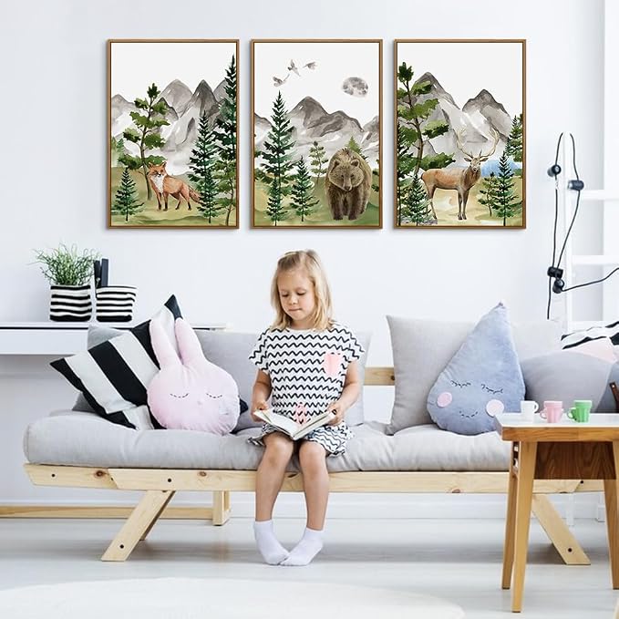 CHDITB Watercolor Forest Animal Nursery Wall Art, Framed Canvas Mountain Wall Decor, Nature Woodland Landscape Wall Painting, Fox Bear Deer Art Prints for Baby Bedroom, Living Room - 16"x24"x3