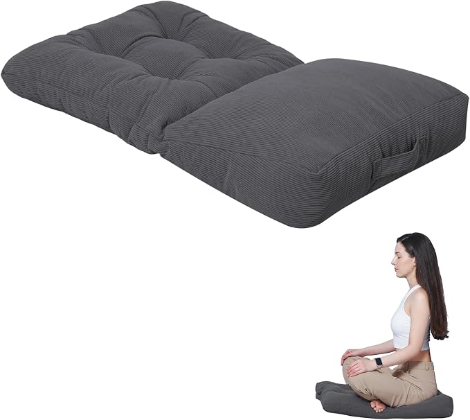 Meditation Cushion, Large Meditation Mat and Pillow for Sitting on Floor, 2-in-1 Portable Yoga Pillow, Tufted Corduroy Zabuton Cushion for Kneeling and Sitting and Knee Support, Dark Grey