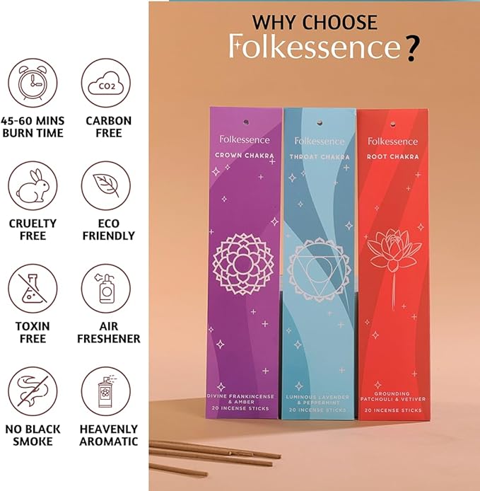 Folkulture Incense Sticks (140 Sticks) | Set of 7 Chakras Premium Incense for Healing, Yoga, Aromatherapy| No Charcoal, Organic, Non Toxic, 60 Mins, Long Burning Frankincense, Lavender Insence-Sticks