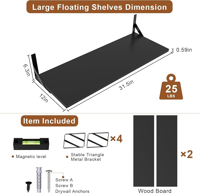 Large Wall Shelves, 31.5" W x 12" D Long Floating Shelves Set of 2, Wide Display Wood Shelf Wall Mounted with Heavy-Duty Metal Brackets for Bedroom Books, Living Room, Kitchen, Black