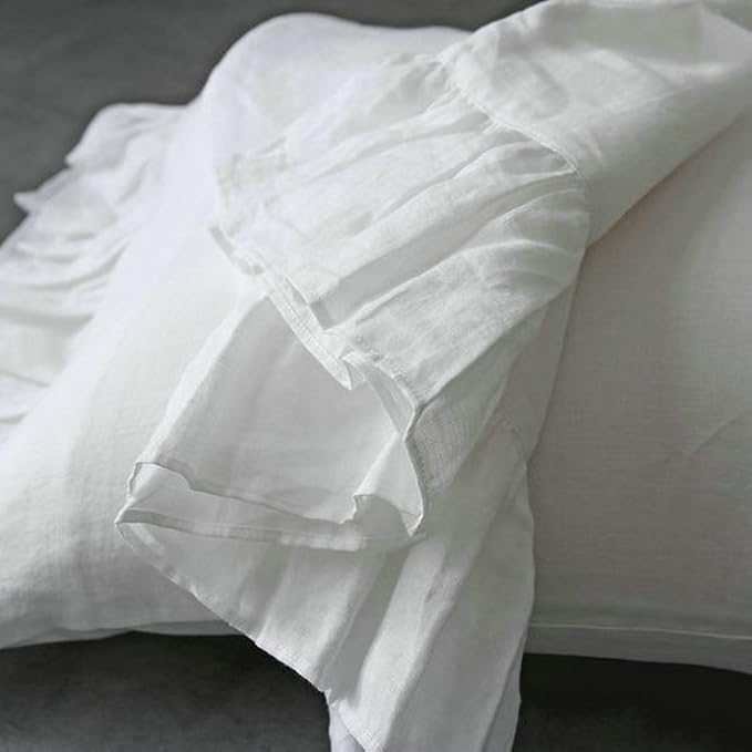 Ruffles Linen Pillowcase. Pure Flax Pillow Sham 100% French Linen Ruffled Pillow Cover, Standard, Queen, King Size 1 PCS (Twin, White)