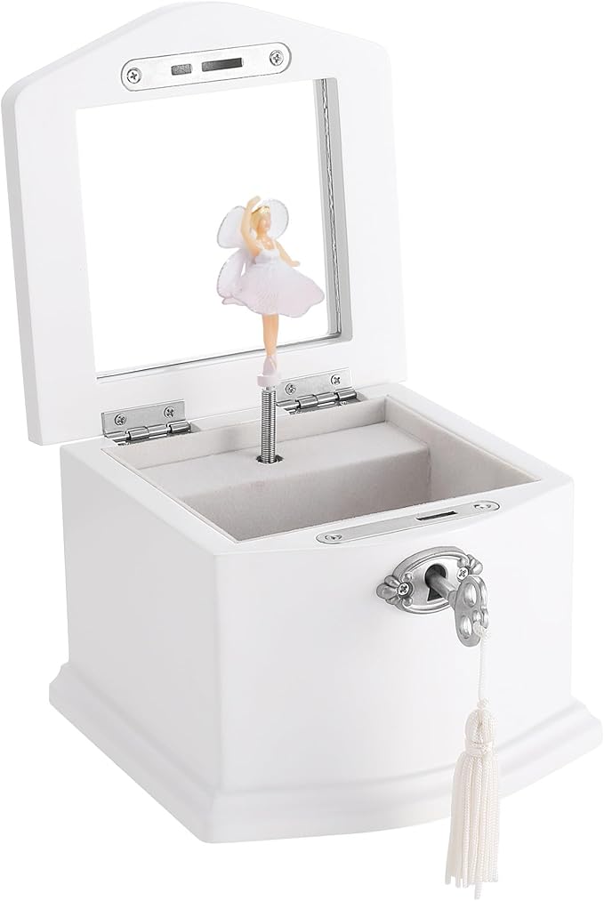 Small White Wooden Ballerina Musical Jewelry Box with Mirror and Lock for Girls，Kid's Jewelry Storage Music Box, Gift for Christmas,New Year, Birthday