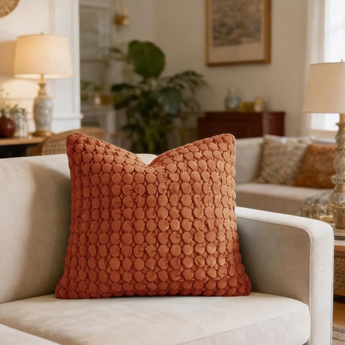 Pillow Cover 24x24 1 Piece Velvet Euro Sham Decorative Farmhouse Pillowcase Boho Square Cushion Covers Soft Bubble Texture for Couch Sofa Bed Bedroom Car Living Room，Rust