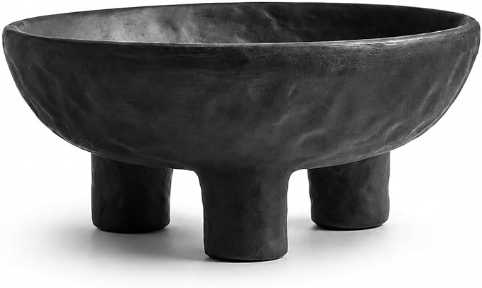 Black Concrete Decorative Bowl, 12 Inch Large Footed Bowl for Home Decor, Heavyweight Pedestal Bowl, Matte Black Centerpiece Bowl for Coffee Table, Shelf, Console, Entryway, Outdoor Styling