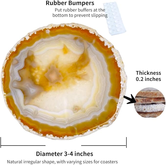 Agate Coasters Set of 4 3-4'',Crystal Geode Stone Coasters with Rubber Bumpers,Agate Slices for for Drink Home Decor, Coffee Table, Bar Accessories,Birthday Gift