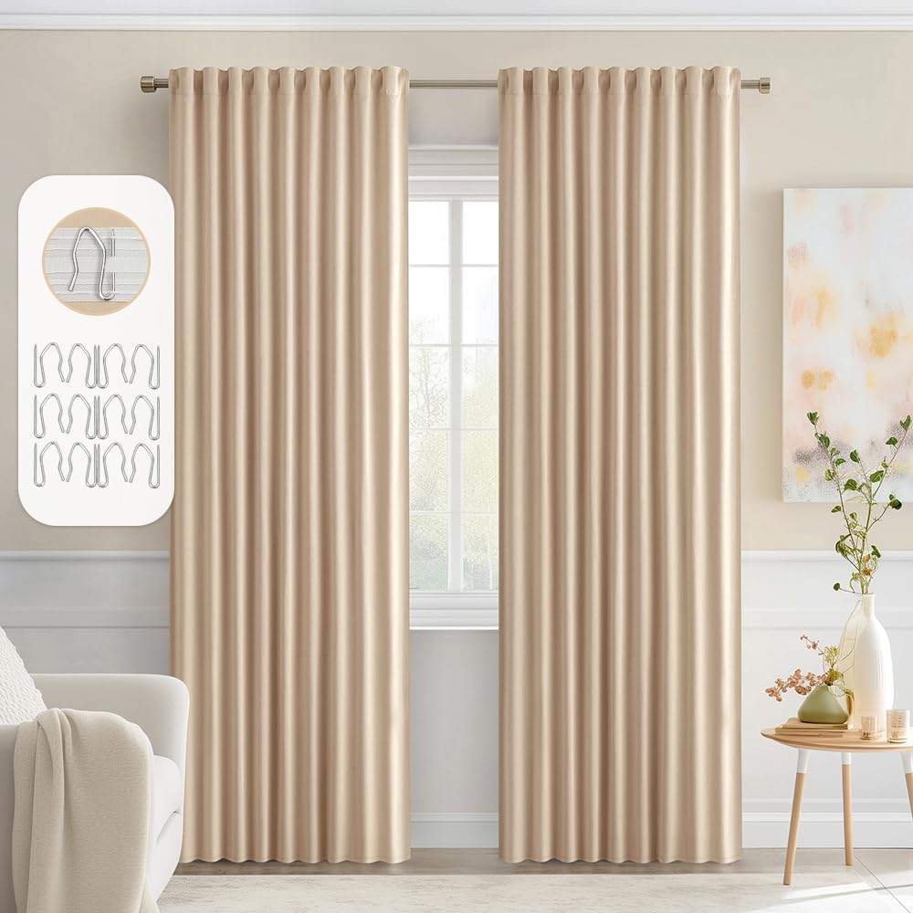 MIULEE Back Tab Beige Curtains 90 Inch Long 2 Panels Set for Living Room Bedroom Privacy, Cream Rod Pocket/Pinch Pleated Light Blocking Thermal Insulated Room Darkening Blackout Curtains, 52 x 90 Inch