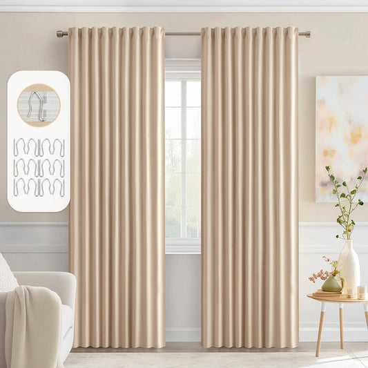 MIULEE Back Tab Beige Curtains 84 Inch Length 2 Panels Set for Living Room Bedroom, Cream Rod Pocket/Pinch Pleated Light Blocking Thermal Insulated Room Darkening Blackout Curtains 84 Inches Long