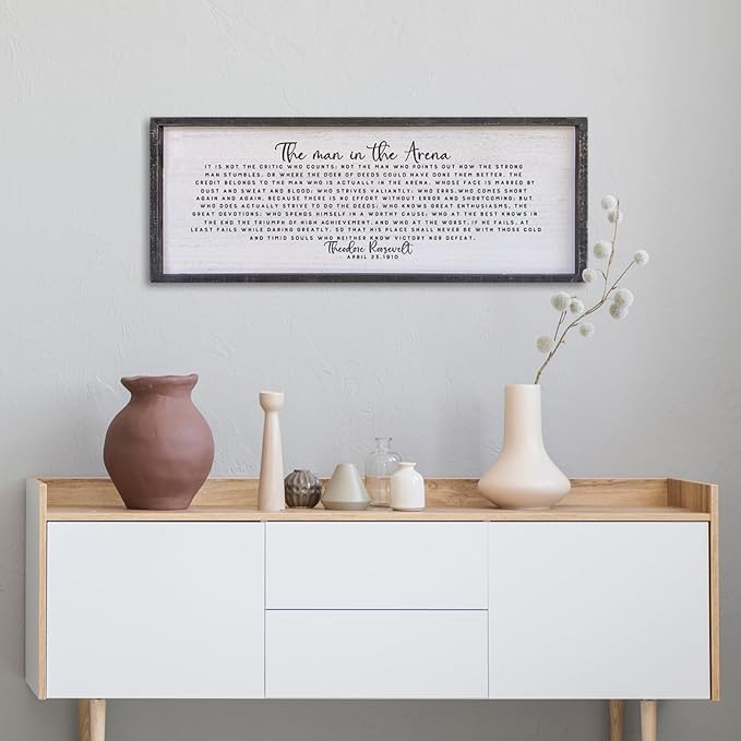 Surfapans The Man In The Arena Wall Decor 32"x12" Morden Office Motivational Wood Framed Sign For Men Large Farmhouse Living Room Inspirational Quotes Positive Speech Home Wall Decoration (Black)