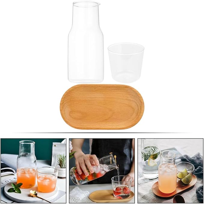 PRETYZOOM Bedside Carafe with Cup and Tray Transparent Glass Water Carafe Set for Nightstand Bedroom or Bathroom 16 Oz Drinking for Water Tea and Mouthwash