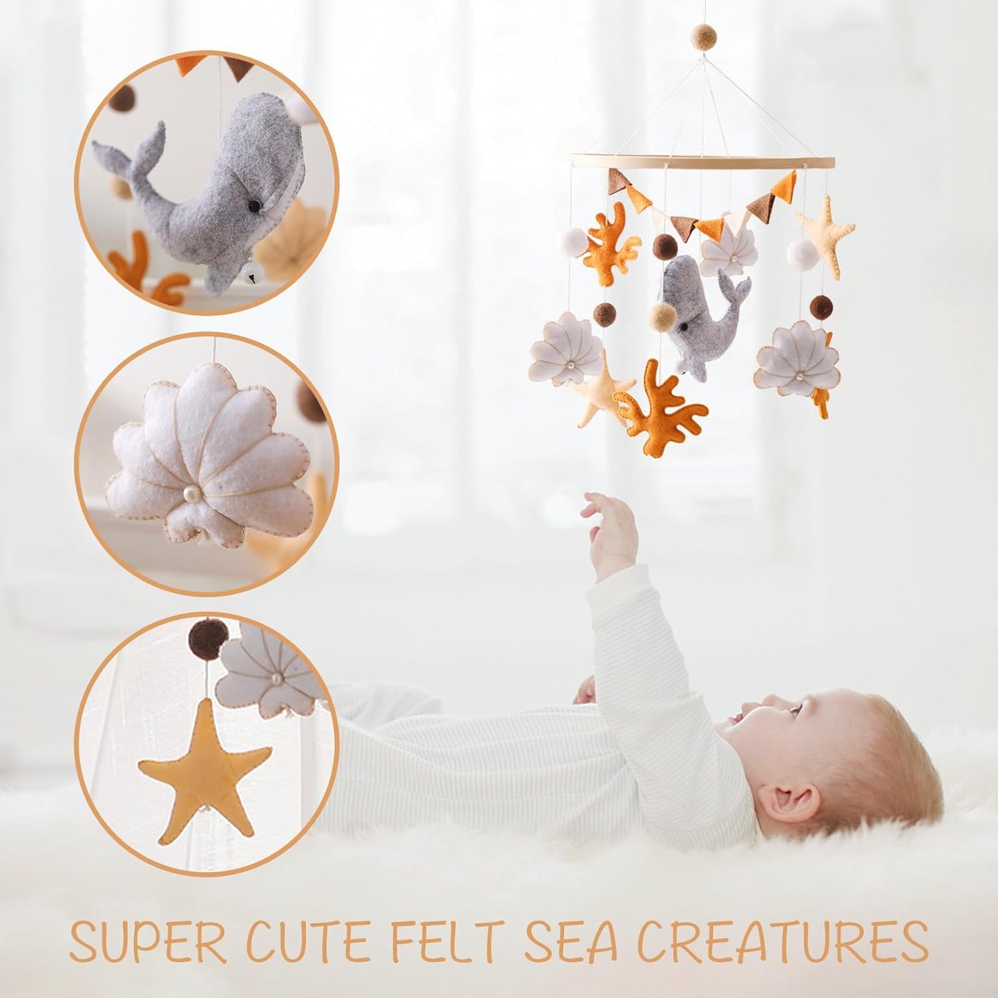Baby Mobile for Crib - Ocean Animal Baby Mobiles - Baby Nursery Mobiles with Handmade Soft Felt Whale - Woodland Nursery Decor Toys for Ceiling Hanging | Perfect Baby Shower Gift for Baby Boys Girls