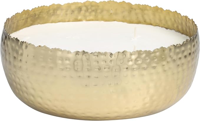 Deco 79 Metal Decorative Candle English Garden Scented Wide Hammered 90 oz 4 Wick Aromatherapy Candle with White Wax, Wax Aromatherapy Candle 10" x 10" x 4", Gold